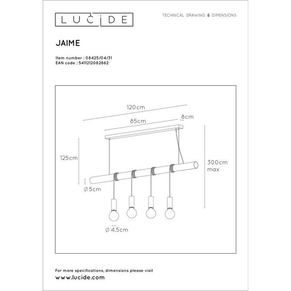 Jaime Pendant 4xE27 L120cm White