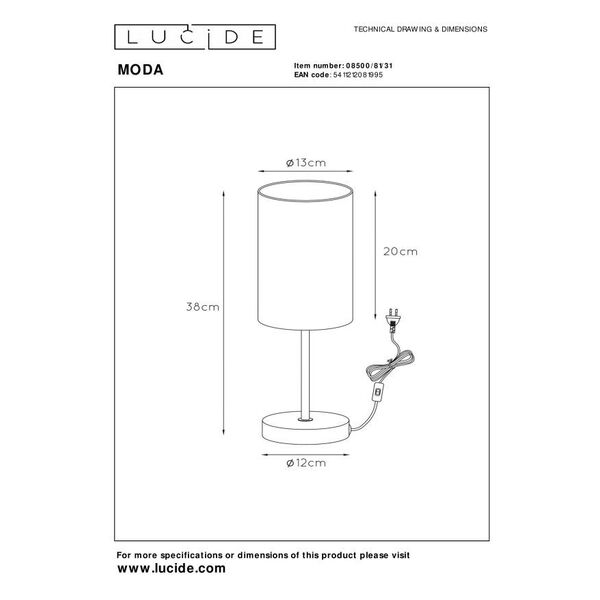 MODA Table Lamp 1xE27 D13 H37cm  White