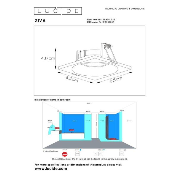 ZIVA  Recessed spotlight square GU10/5W 3000K Whit