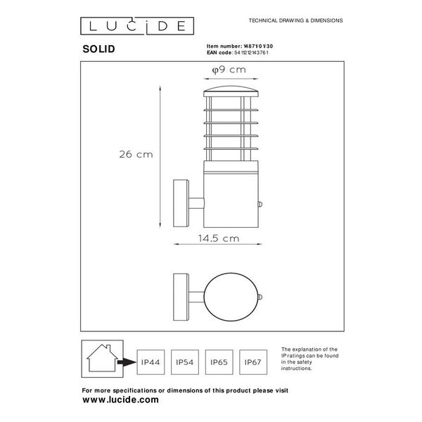 SOLID Wall Light IP54+ Sensor E27 H25 W15cm Anthra