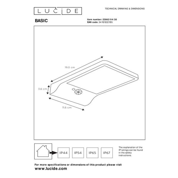 BASIC Wall Light + Sensor IP44 11/19/3cm Black