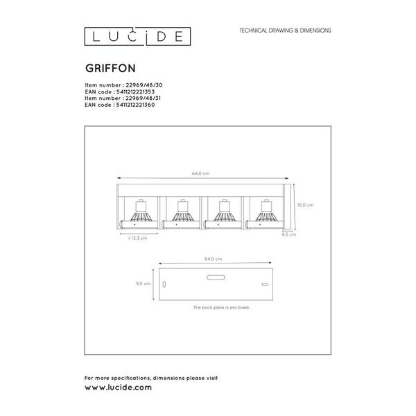 GRIFFON Ceiling spotlight Dim-to-warm 4xGU10 12W B