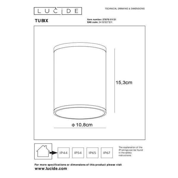 TUBIX Ceiling Light IP54 E27 H15.3 D10.8cm White