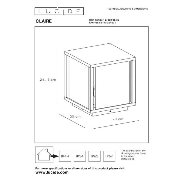 CLAIRE Bollard IP54 1xE27 Max60W L20cm W20cm H25cm