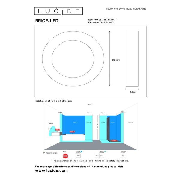 BRICE-LED Ceiling L Dimmable15W Ø23.5cm IP44