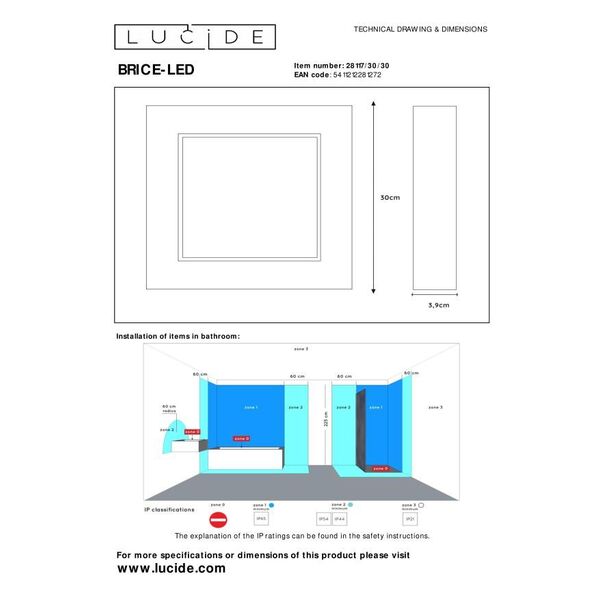 BRICE-LED Ceiling L. Dimmable 30W Square IP44 Blac