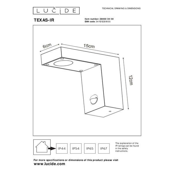 TEXAS-IR Wall Light IP54 H12 L15 LED 6W Anthracite