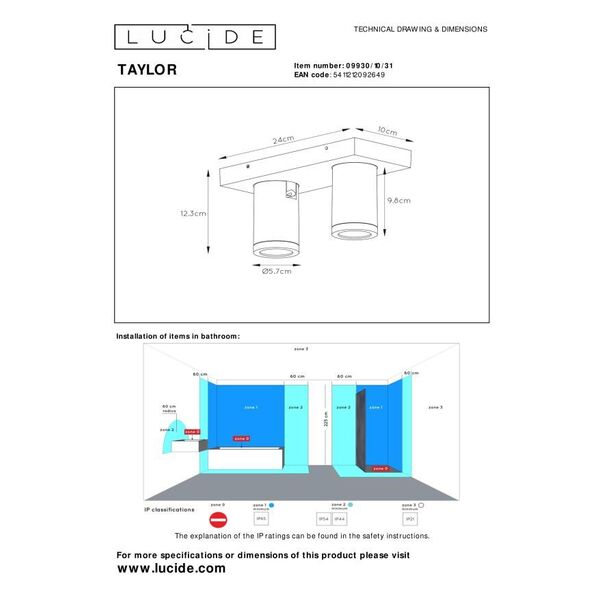 TAYLOR Ceiling Spotlight 2x GU10/5W IP44 DTW  Whit