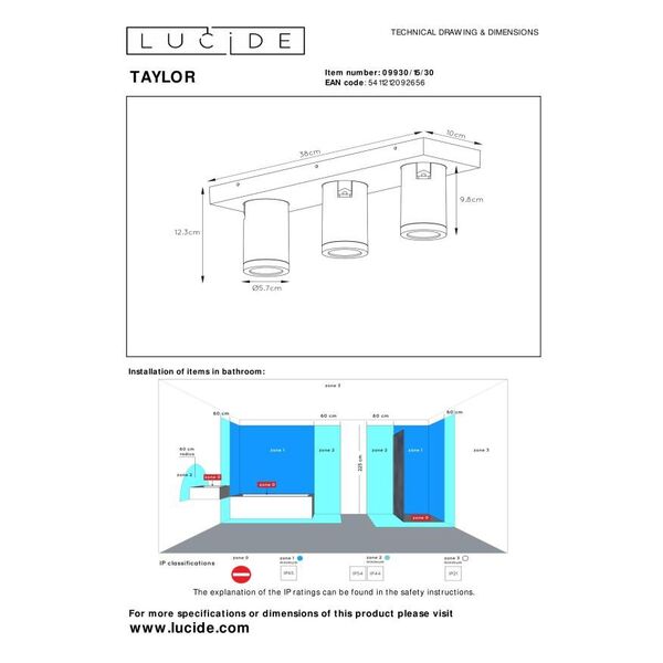 TAYLOR Ceiling Spotlight 3x GU10/5W IP44 DTW  Blac