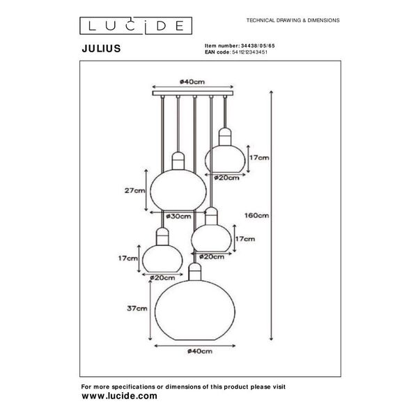 JULIUS Pendant 5x E27  Smoke Glass