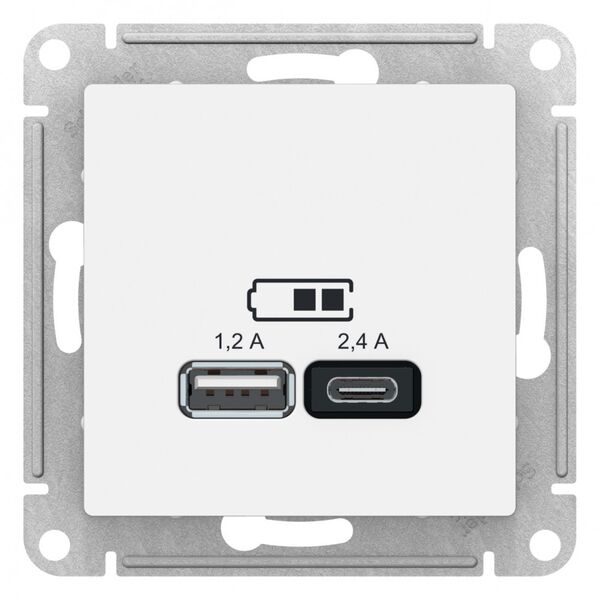 USB РОЗЕТКА, тип A (1,2 А) + тип С (2,4 А), БЕЛЫЙ, ATLAS