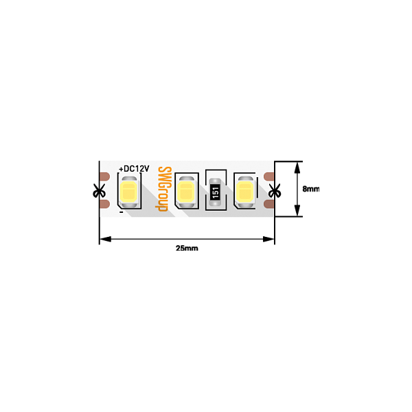 Лента светодиодная SWG стандарт 2835, 120 LED/м, 9,6 Вт/м, 12В , IP20, Цвет: Теплый белый