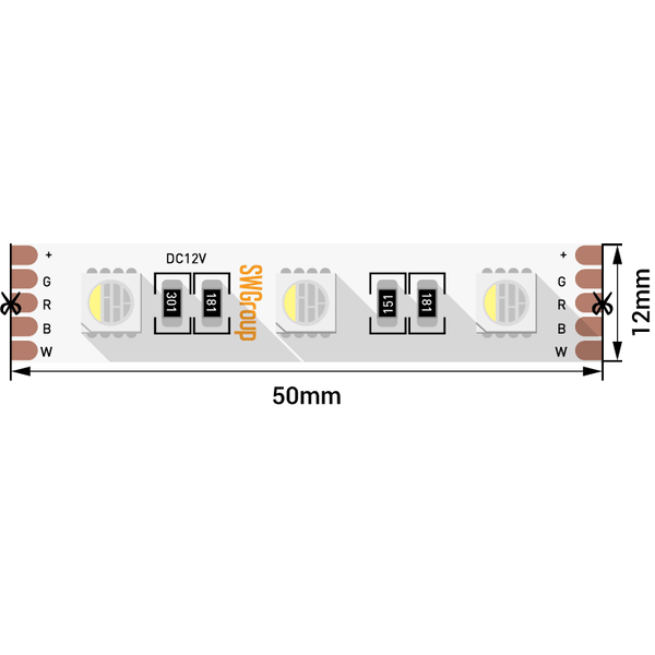 SWG560-12-19.2-RGB+WЛента светодиодная стандарт 5050, 60 LED/м, 19,2 Вт/м, 12В , IP20, Цвет: RGB + холодный белый