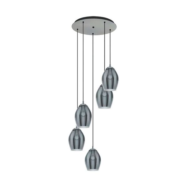 Подвес ESTANYS [5х60W(E27), сталь, никель, черный/стекло, черный, прозрачный]