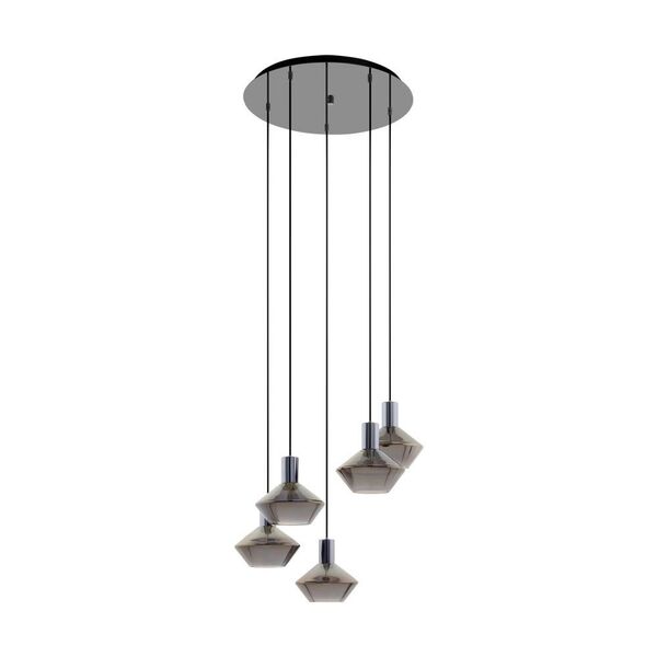 Подвес PONZANO, [5х60W(E27),?90, H1500, сталь, никель черный/дымч. стекло, черный-прозрачный]