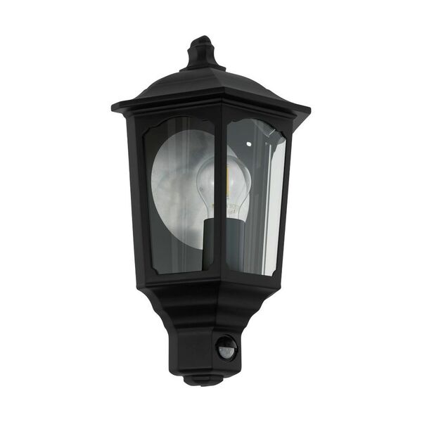 Уличный светильник настенный MANERBIO с датч. дв-я [1х60W(E27), L240, H295, лит. алюминий, черный/cтекло, прозрачный]