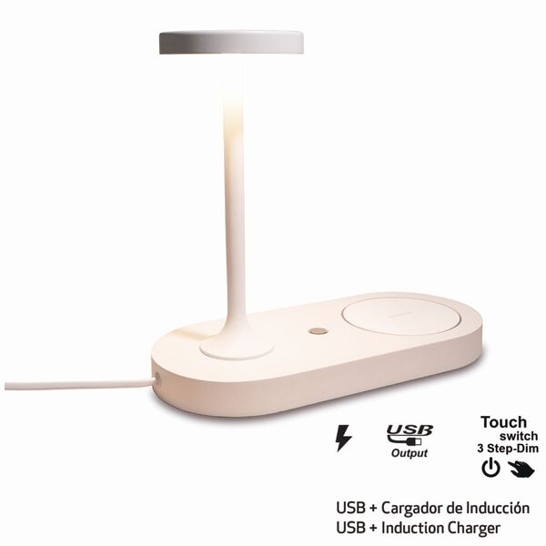 LED TABLE LAMP WHITE 6W 3000K  INDUCTION+USB CHARGER WHITE